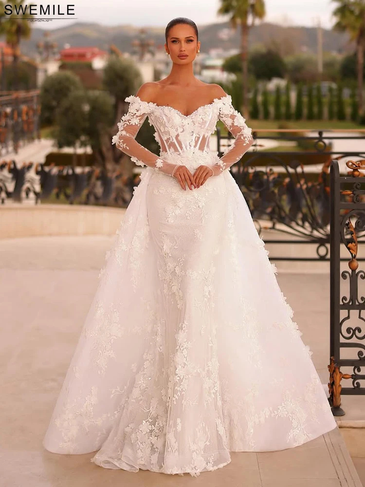 SWEMILE Appliques in pizzo Perle Abito da sposa Treno staccabile 2025 Fiore 3d Corsetto in osso Abiti da sposa Manica intera Vestido De Novia