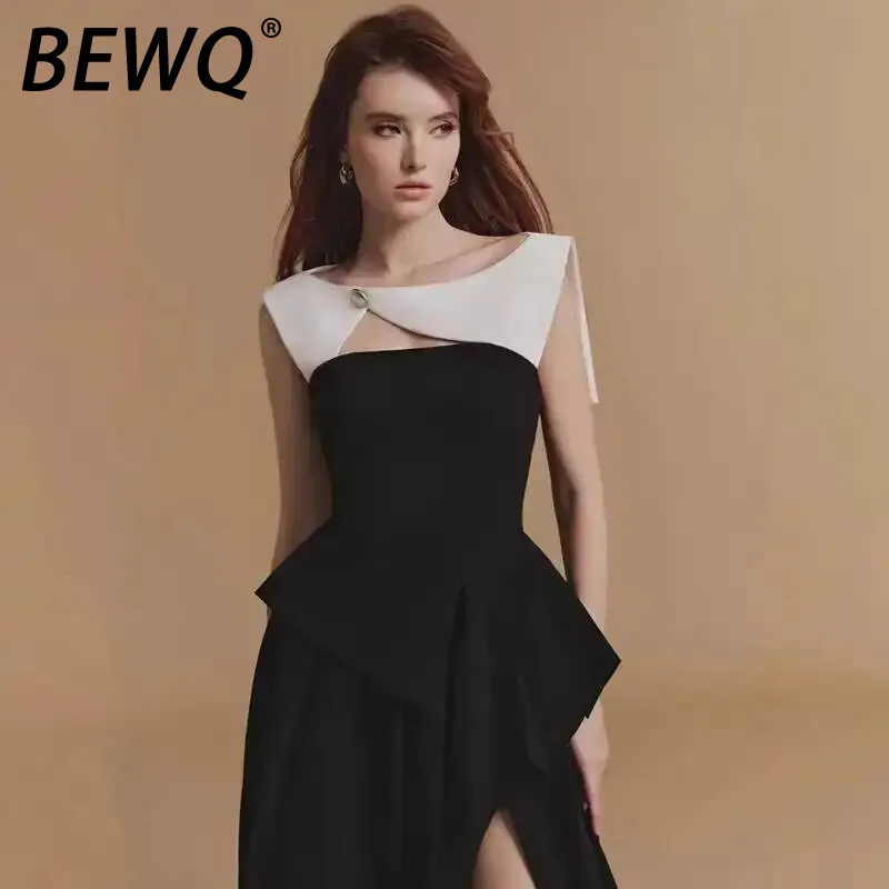 

BEWQ Women's Fashio Elegant Fake 2 Pcs Contrast Color Hollow Out Pleated Design Party Dress 2025 Autumn New