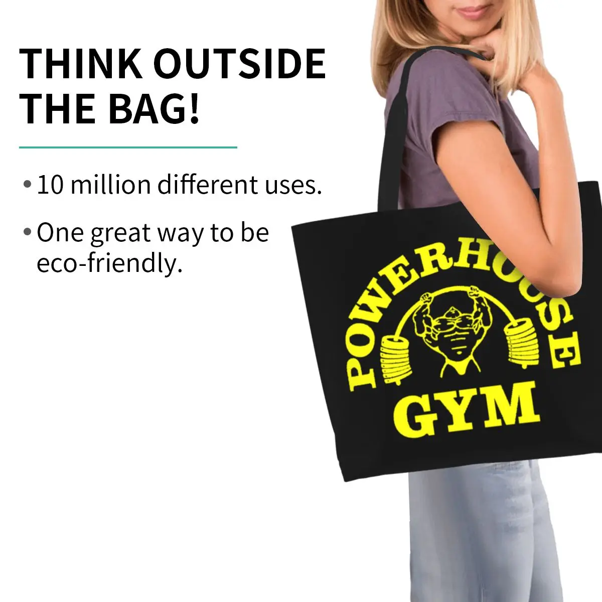 Divertente stampa gialla Powerhouse Gym Tote Shopping Bag borsa a tracolla in tela portatile Fitness Building Muscle Handbag