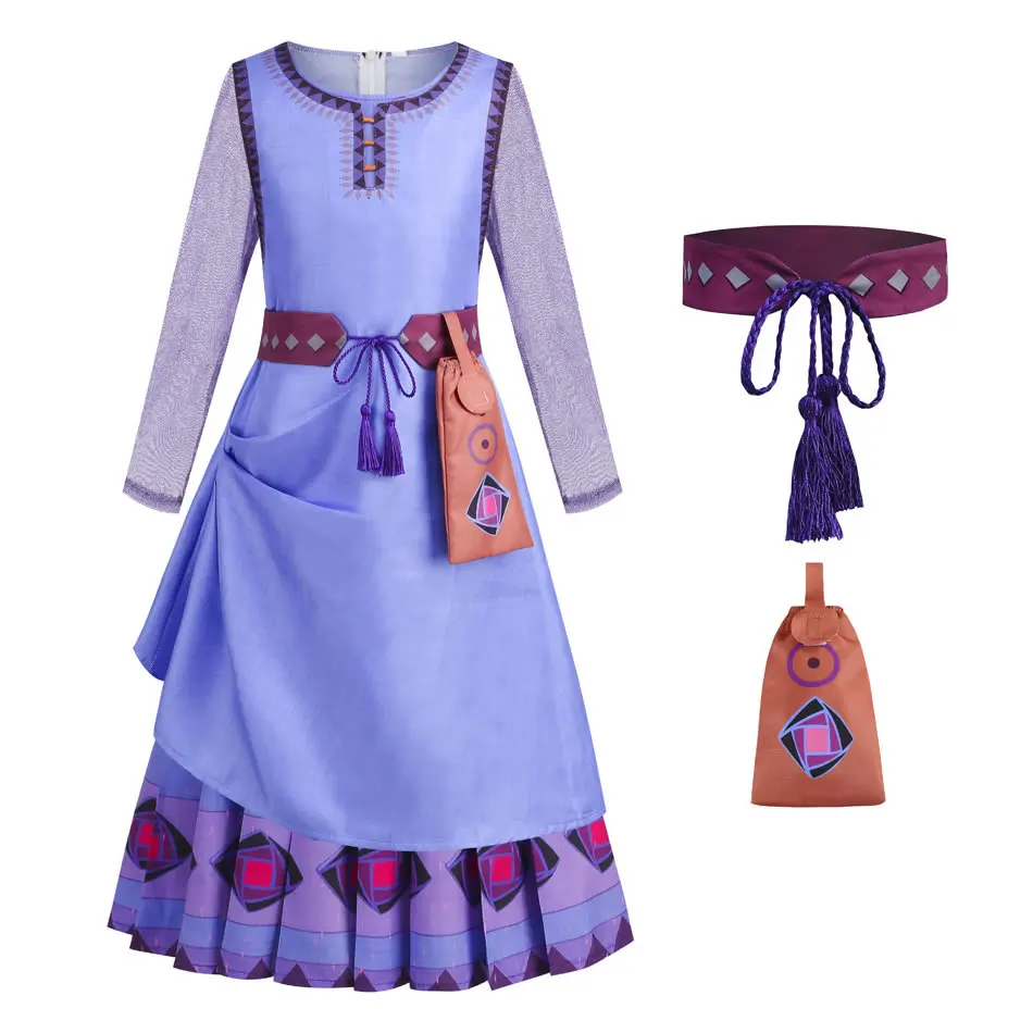 Wish Asha Costume For Girl Dress Fashion Children Cartoon Frock+Bag+Belt+Necklace+Wig Set Kid Tunic Cloth