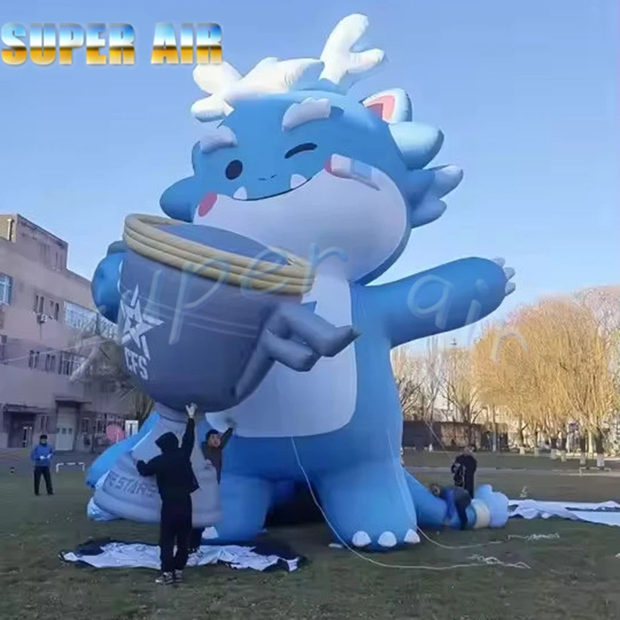 Gran oferta, bonito modelo de dibujos animados azul, mascota inflable con una taza de café para decoración de cafetería