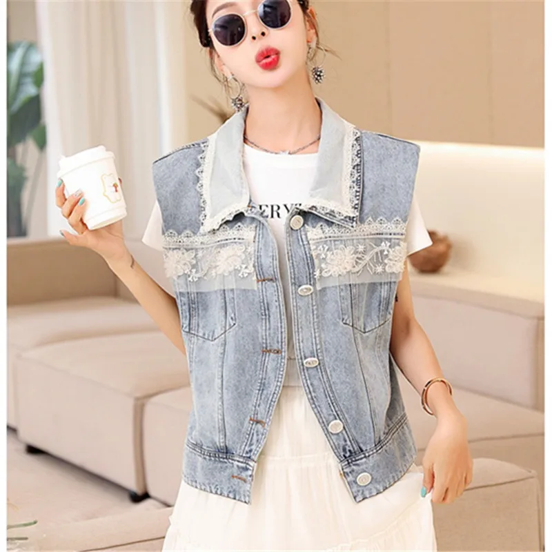 

2024 Spring New Casual Short Denim Vest Girl Tops Fashion Lotus Leaf Collar Sleeveless Jacket Loose Jeans Waistcoat Women W353