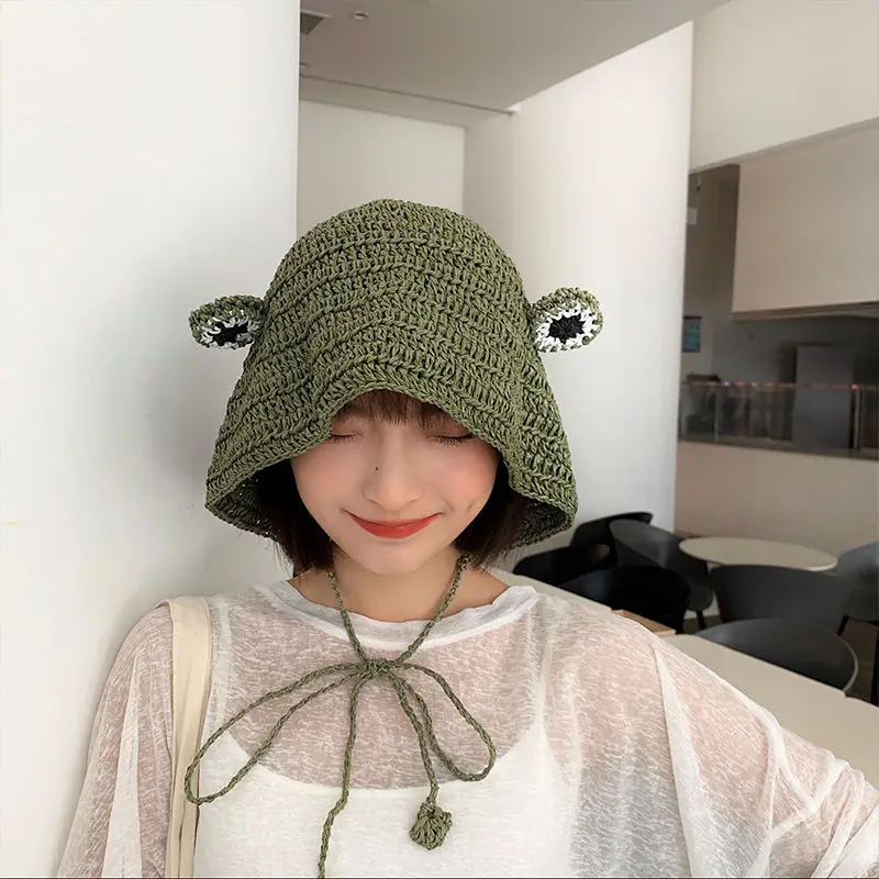 Straw Hat Female Student Summer Japanese Style Small Fresh Weave Foldable Net Red Little Frog Versatile Sunshade Lace Upbasinhat