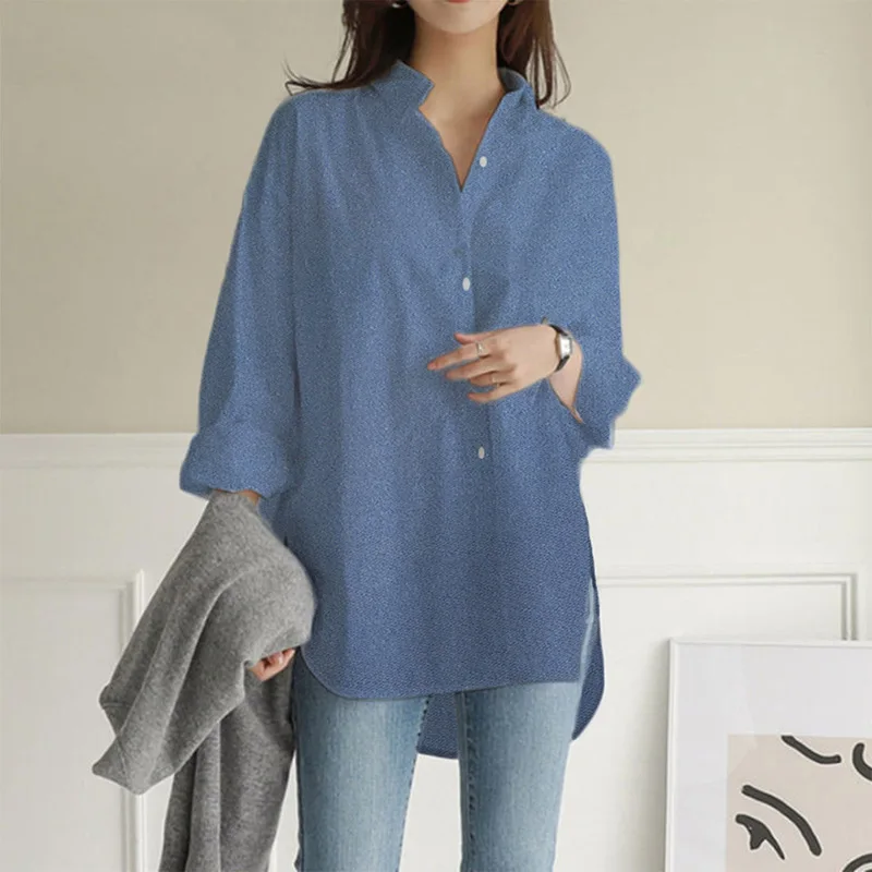 Outono assimétrico topo feminino casual longo sve blusas de fibra de poliéster não-afundando primavera verão outono inverno faion