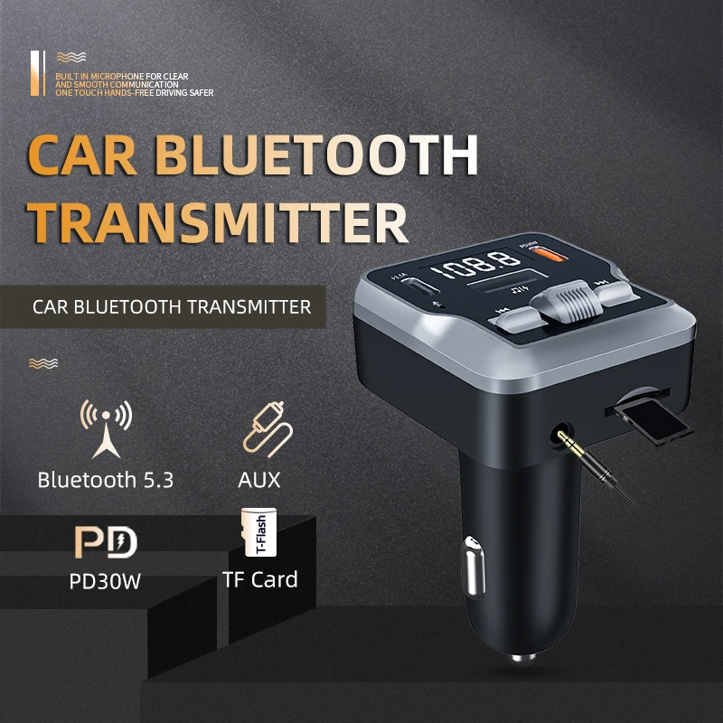 Car Bluetooth 5.3 FM Transmitter Wireless Bluetooth Car Adapter MP3 Player Handsfree Call Dual USB PD Fast Charger Roller Wheel