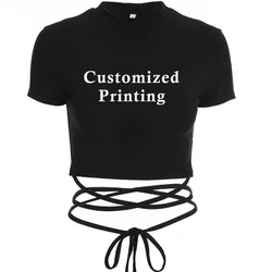 Customized Printing Crop Bandage Tee Tops Summer Crop Top Women Casual Short Sleeve Girls Black TShirt Female Shirt Harajuku