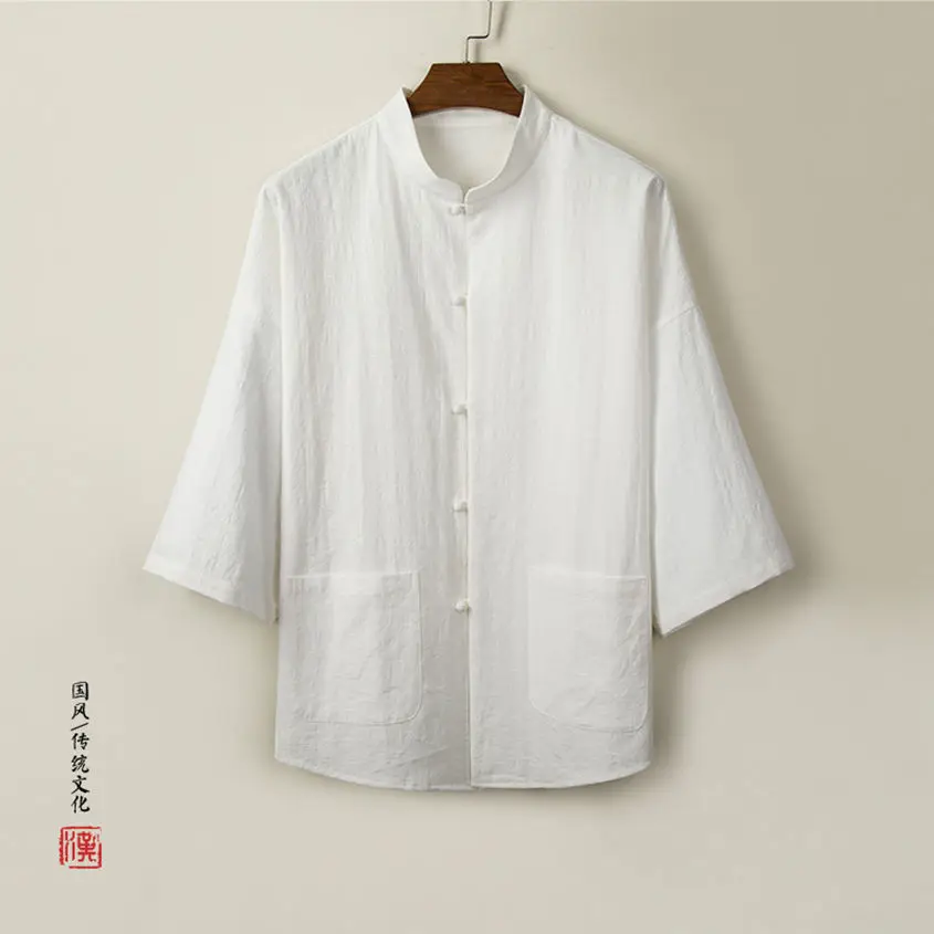 

Loose Casual Cotton Linen Men's irt Stand Collar Button up Tang Suit Seven Sve T-irt Trendy Brand Youth Summer Thin