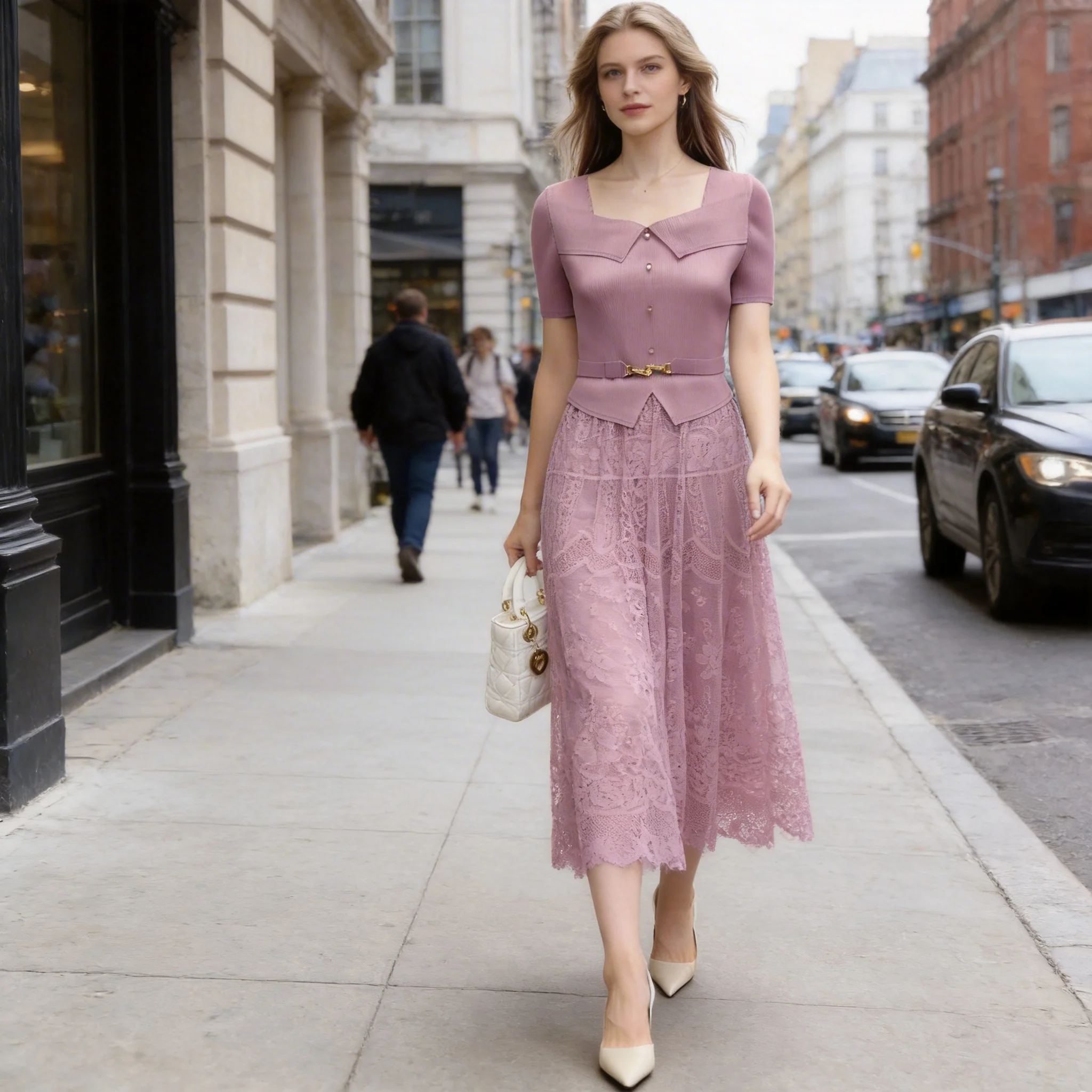 

Miyake Pleated Lace Splicing Summer New Short-sleeved Dress Fashionable Waist and Thin Temperament Slim Dress