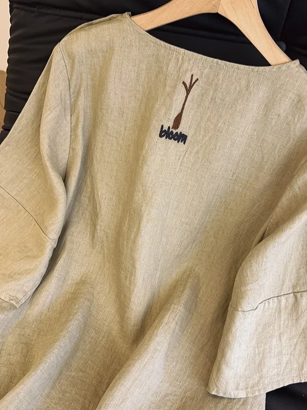 Rétro brodé ort Sve Dr T-shirt ample Sle Summer Faion artistique grande taille femme Dr mi-longue A-Line S...