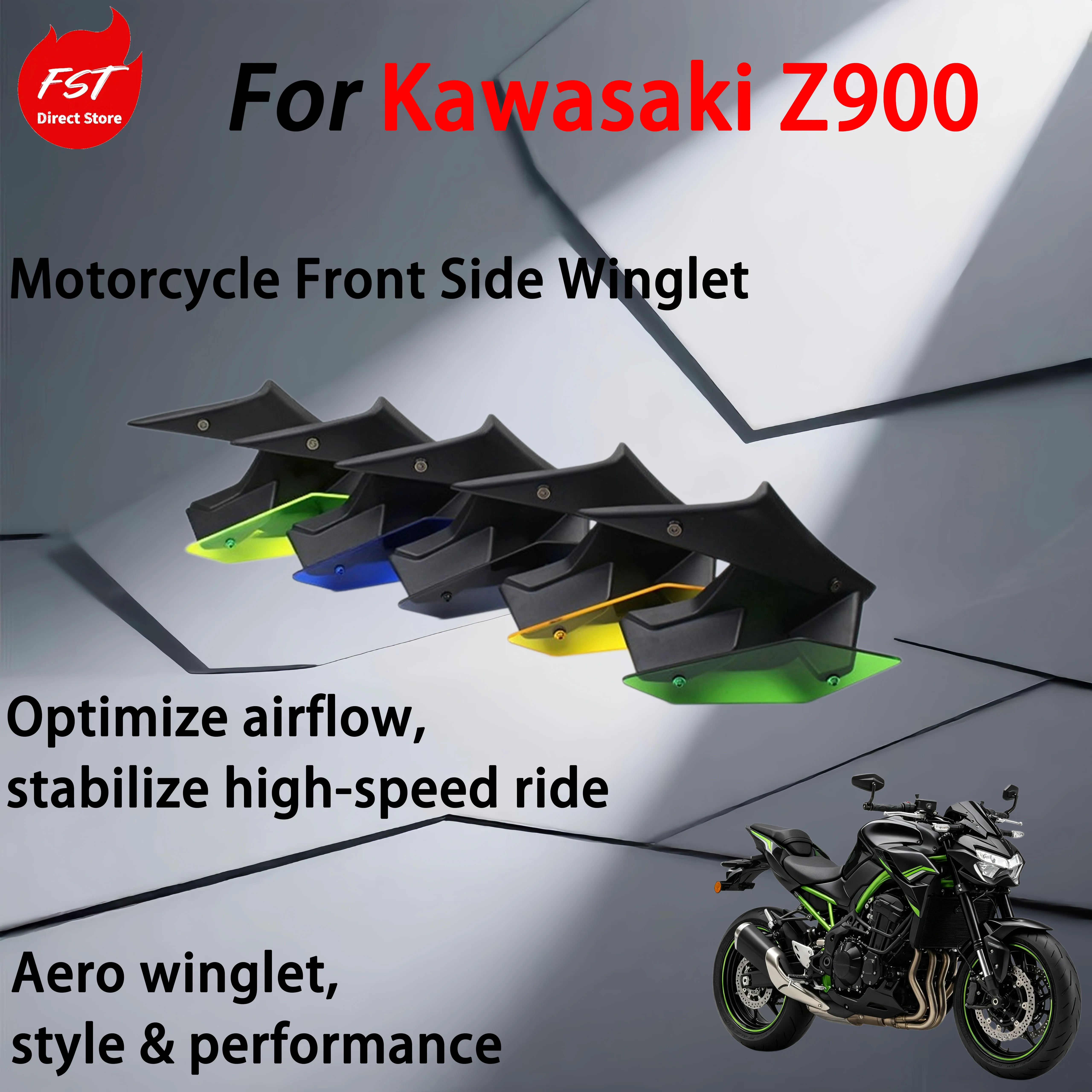 For the Kawasaki Z900 motorcycle, install the side diffuser side spoiler on the leading edge of the side wing.