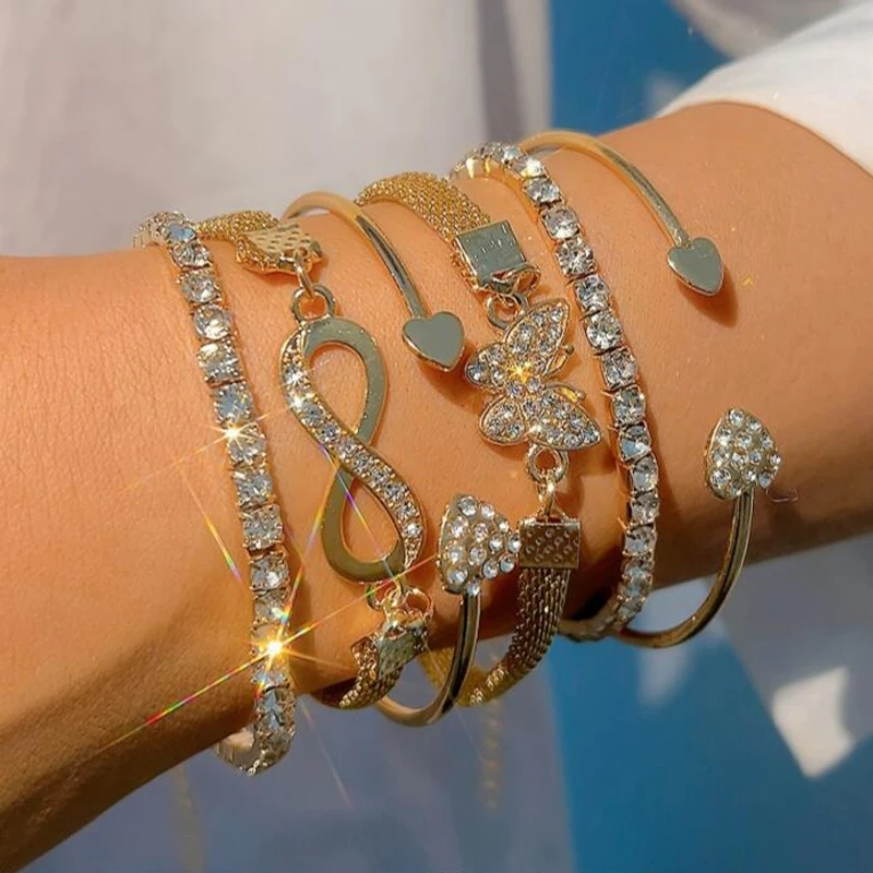 6 قطع خمر الذهب اللون ثمانية كلمة فراشة سوار على شكل قلب مجموعة للنساء الشرير تألق حجر الراين إنفينيتي الكفة الإسورة مجوهرات