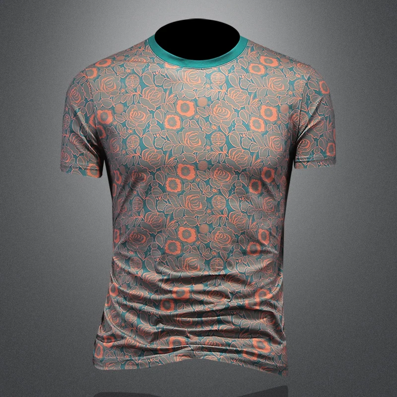 Floral Vintage Print Luxury T Shirt For Men Short Sleeved Casual Summer Quality Mercerized Cotton Stretchy Slim Camisetas Hombre