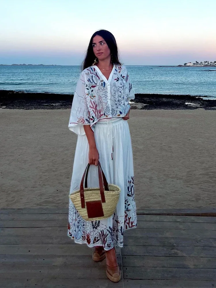 Marine Organism Embroidery Batwing Sleeve Summer Spring Maxi Skirt Set Cotton White Tassle Dress Set Outfits Button Suit