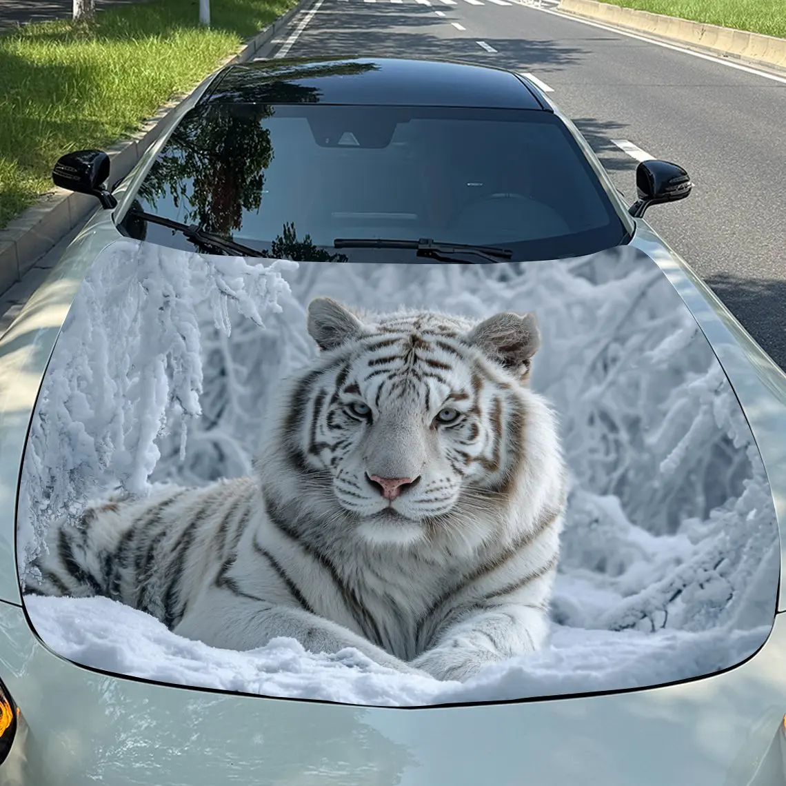 Car Decals White Tiger in Cloudy Scene Design with a White Tiger Resting Amid Cloud - like Patterns, Exuding Nobility and Sereni
