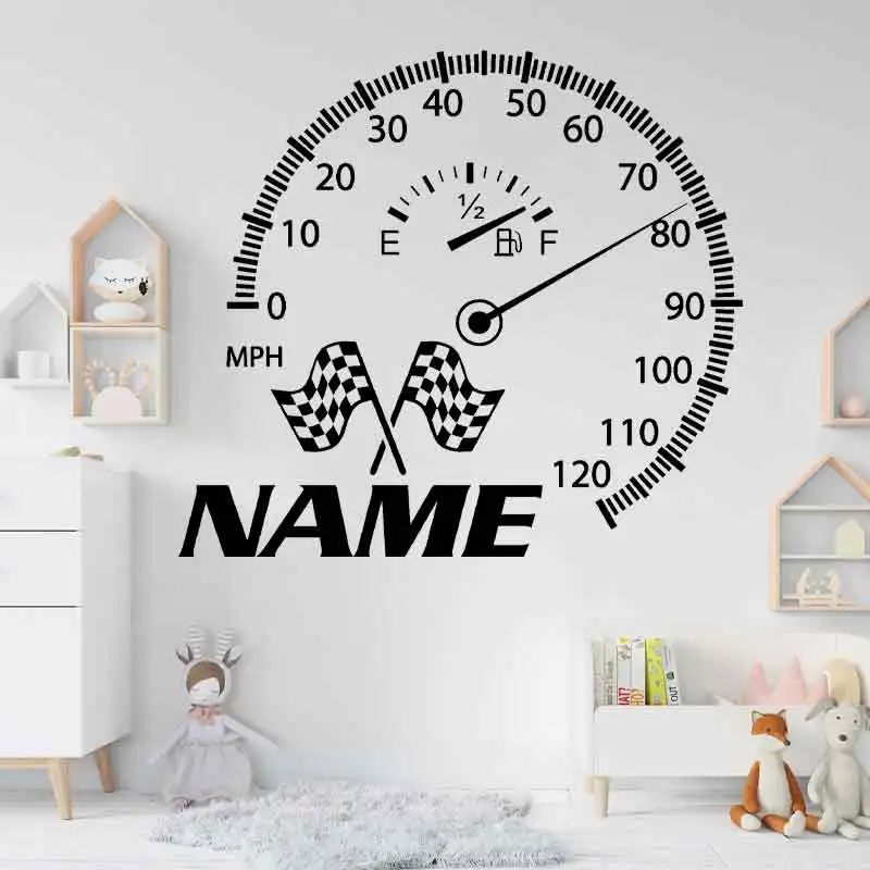 Custom Racing Speedometer Wall Decals Personalized Name Car Wall Sticker Kids Room Bedroom Home Decor Waterproof Wallpaper Q183
