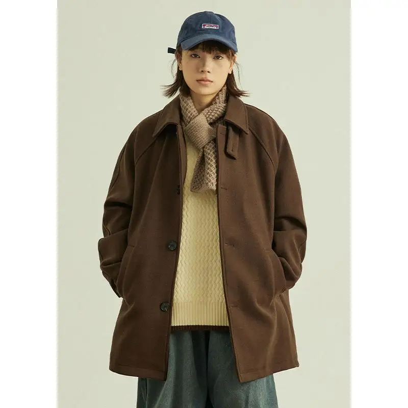 

GoodNorth Japanese Sle Pure Color Mid-Length Woolen Coat Loose Fit Autumn Winter Outerwear for Men And Women