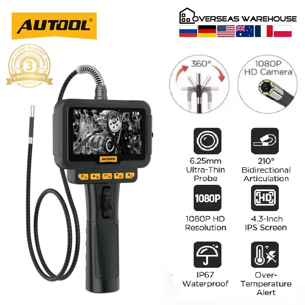 AUTOOL SVB208 6.25mm 1080P HD Steering Endoscope Camera Articulating Borescope with 6 LED IP67 for Car Engine Pipe Inspection