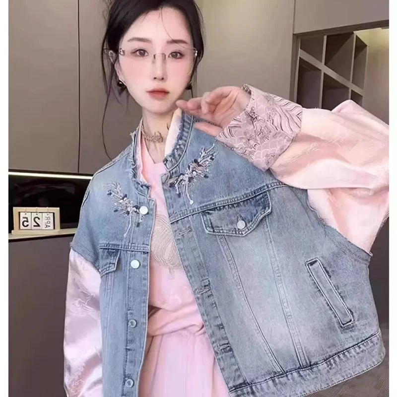 Guofeng Heavy Industry Embroidery Contrast Long Sleeve Splicing Denim Jacket Women's Spring  New Design Single-Breasted Jacket