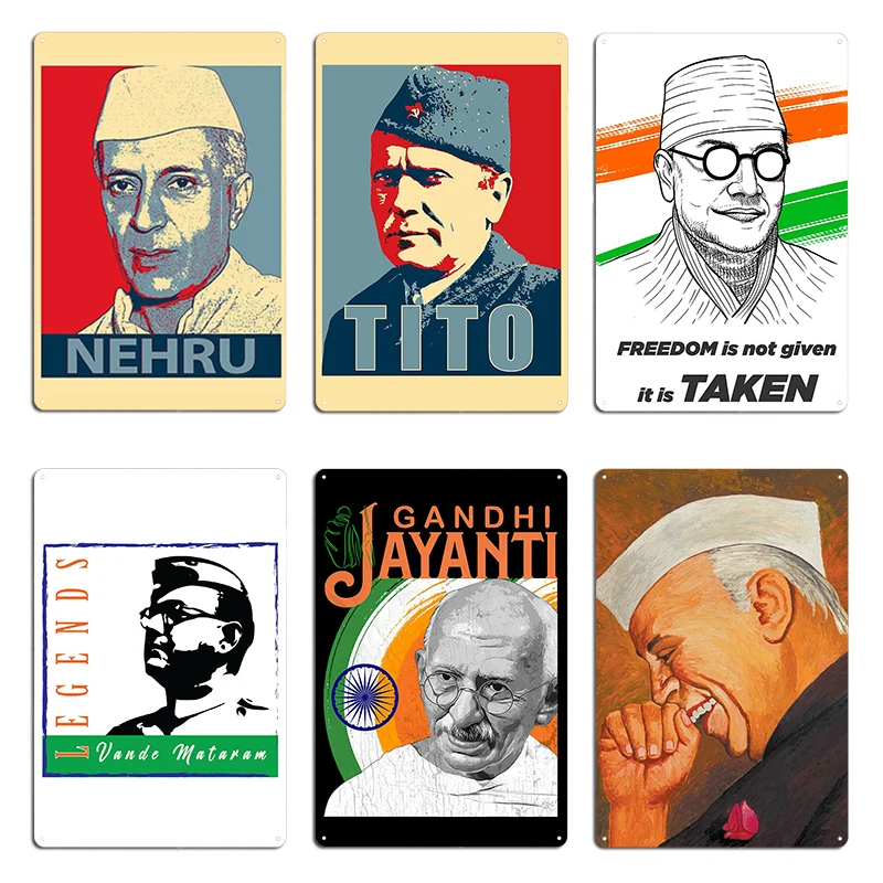 Jawaharlal Nehru Josip Broz Tito Yugoslavia Gandhi Jayanti لوحة معدنية نادي المطبخ الطباعة تصميم تين تسجيل ملصق