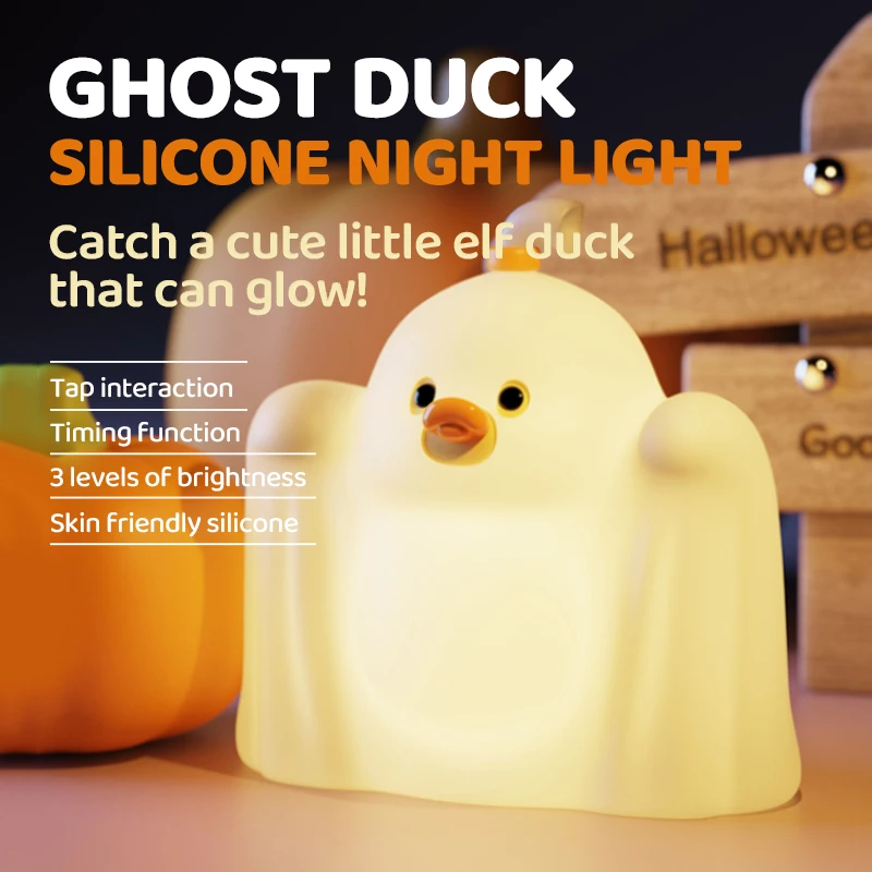 Lampu Malam LED Bentuk Bebek Hantu Lucu yang Dapat Diisi Ulang dengan Tiga Tingkat Peredupan dan Pengaturan Waktu, Lampu Tidur untuk Dekorasi Kamar Anak Halloween, Hadiah