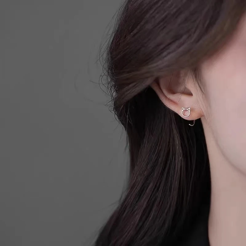 Fashion Simple Hollow Cute Cat Stud Earrings For Women Girls Silver Color Small Earrings Teen Jewelry image 2