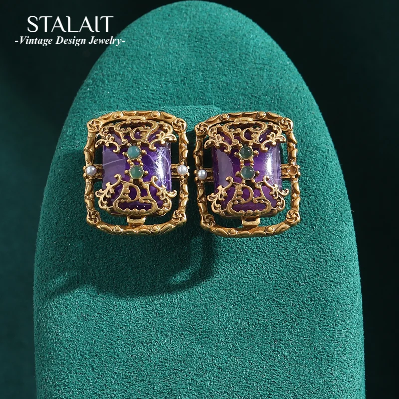 

Популярные в Европе и Америке винтажные серьги-гвоздики в дворцовом стиле, прямоугольные фиолетовые ювелирные изделия из натурального камня Cooper, роскошные женские украшения
