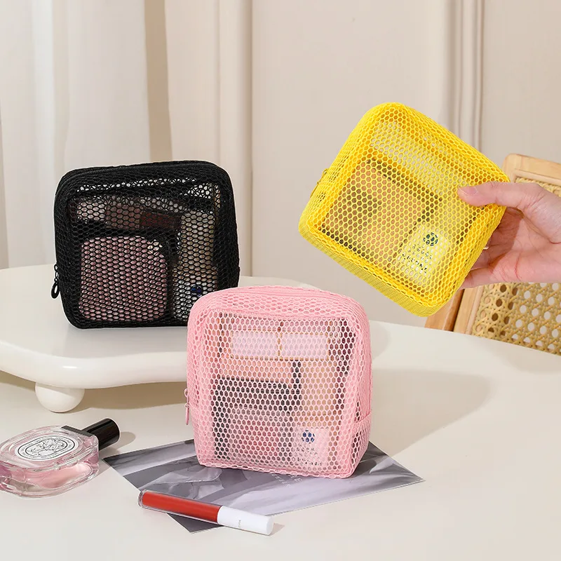 Square Mesh Cosmetic Bag Portable Lipstick Cosmetic Storage Bag with Zipper Multi-purpose Sundries Storage Bag Cute Student Case