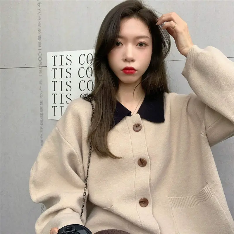 Trendy Korean personalized simple lapel knitted cardigan women 2024 spring autumn new loose lazy style high-end sweater jacket