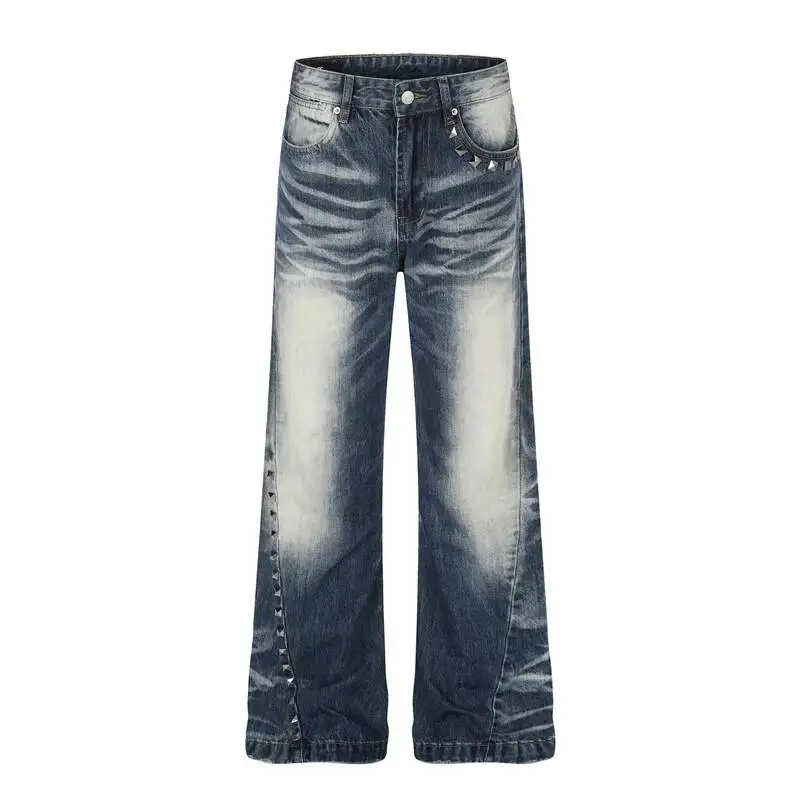 American-style Men's Distressed Rivet Jeans Loose Fit Versatile Wide-leg Straight Denim Pants Fashion Washed Trousers