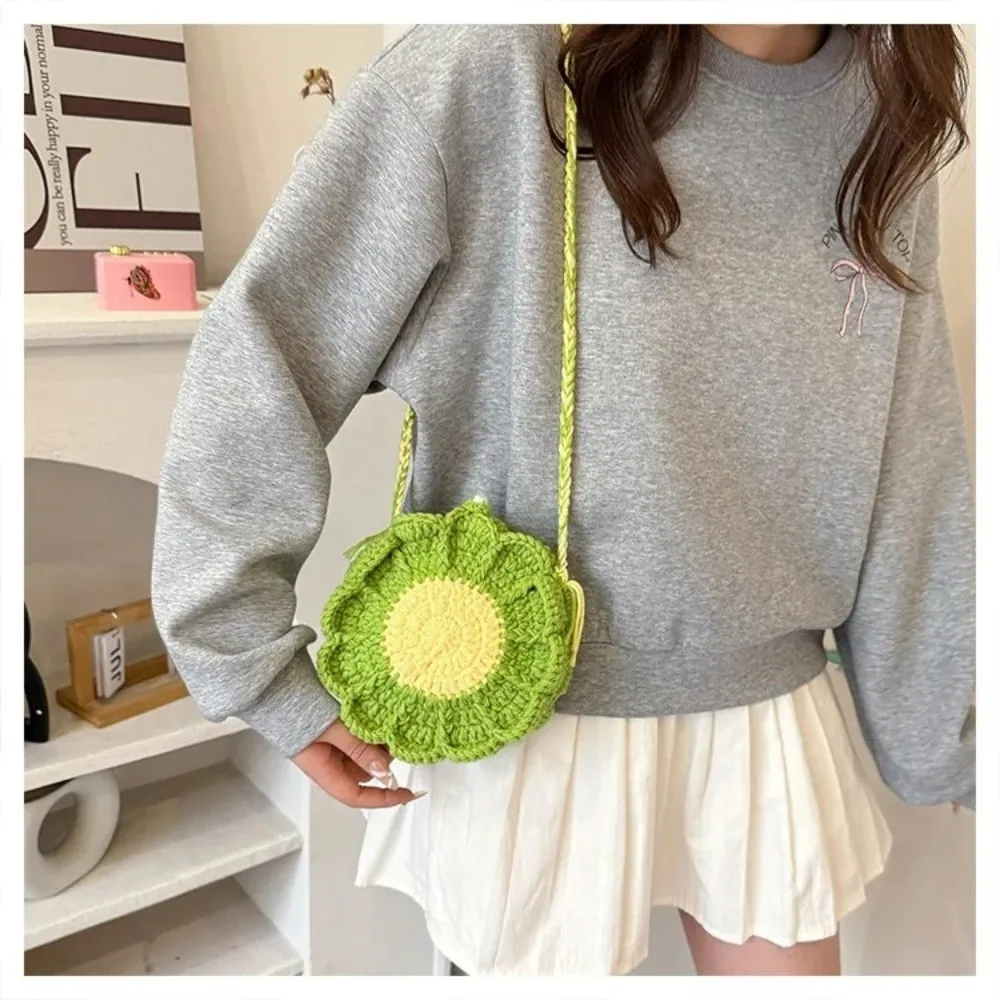 Sweet Handmade Knitted Handbag Sunflower Pattern Rustic Design Woven Crossbody Bag with Strap Messenger Bag for Women