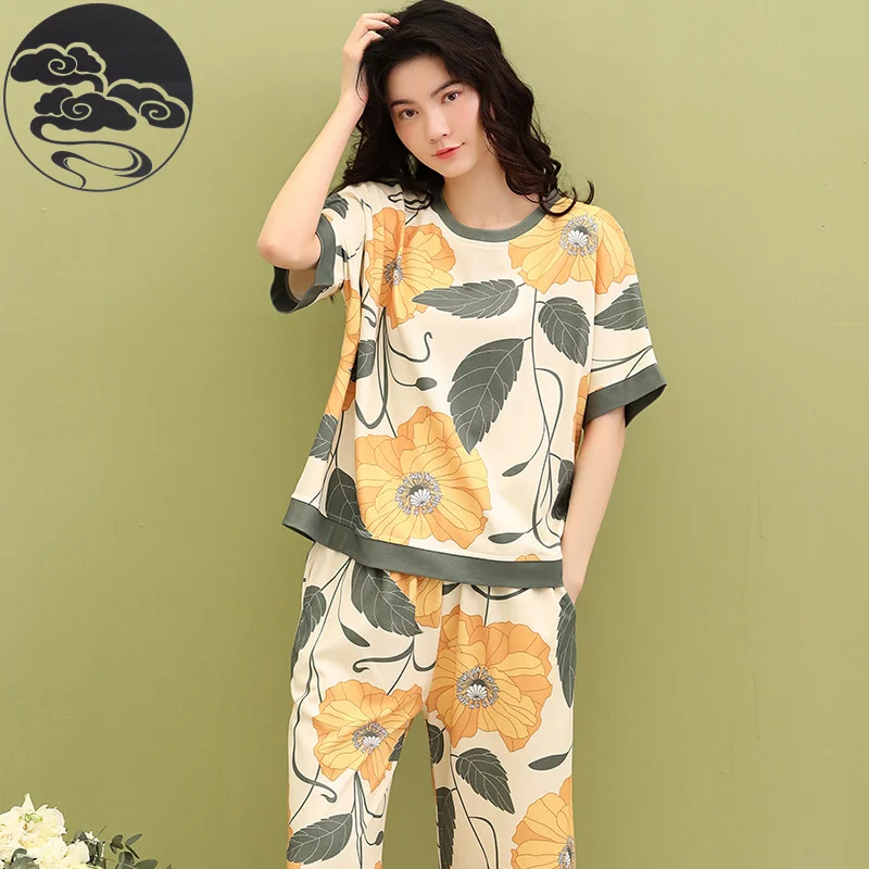 Summer Knitted Cotton Floral Pajamas Set Women Pyjamas Elegant Sleepwear Nightwear Pijama Mujer Plus Size Calf-Length Pants Home