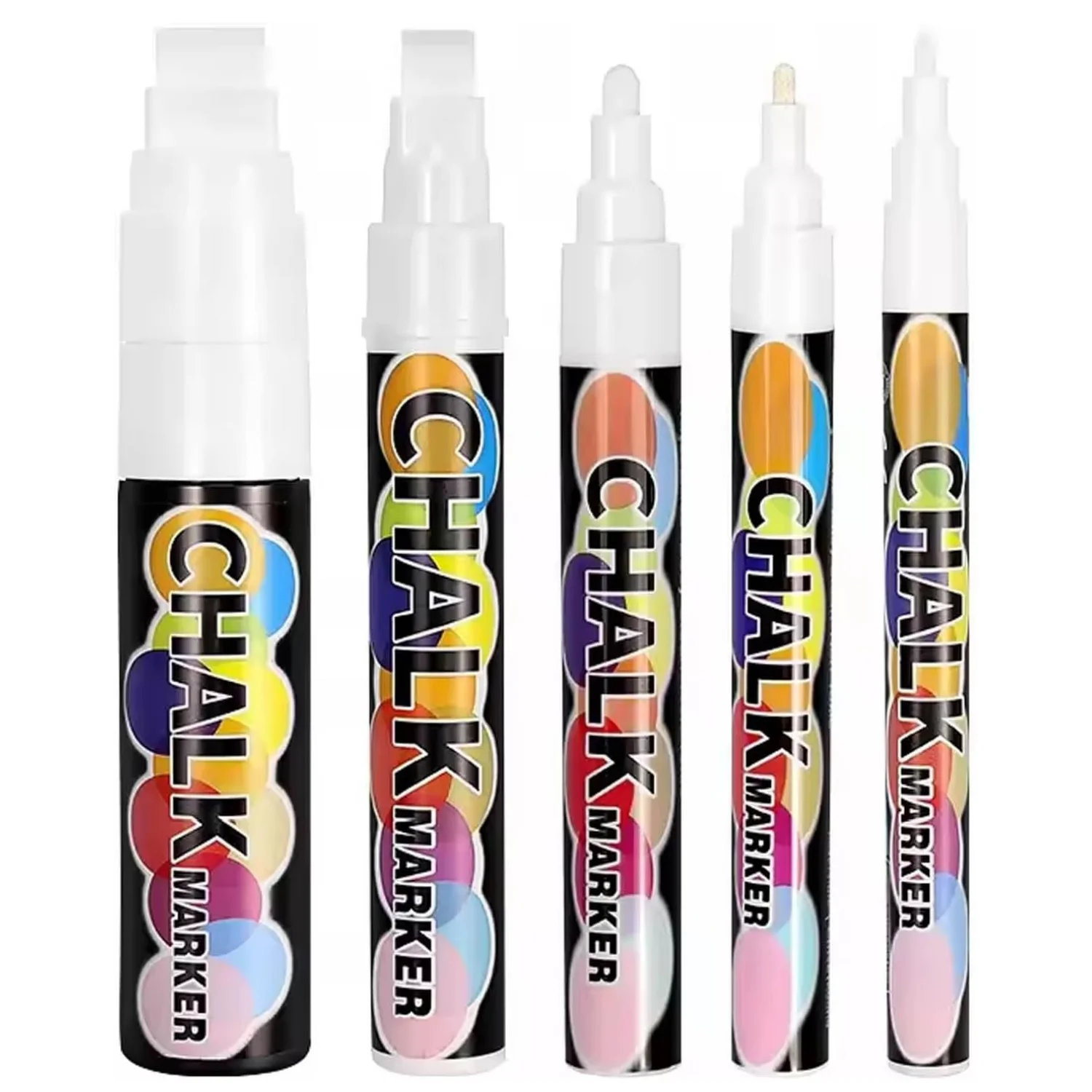 

White Window Chalk Markers Pen, 5 Pack White Window Chalk Markers for Cars Glass Washable 5 Nib Sizes (1, 3, 6, 10, 15mm)