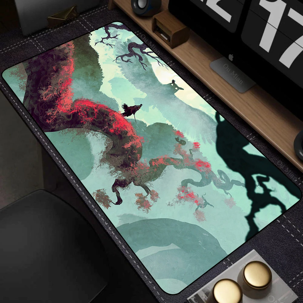 Alfombrilla de ratón de estilo japonés, alfombrilla grande para escritorio de juegos Sekiro Shadows Die Twice, alfombrilla de ratón antideslizante con borde cosido de goma, alfombrillas de ratón para ordenador portátil