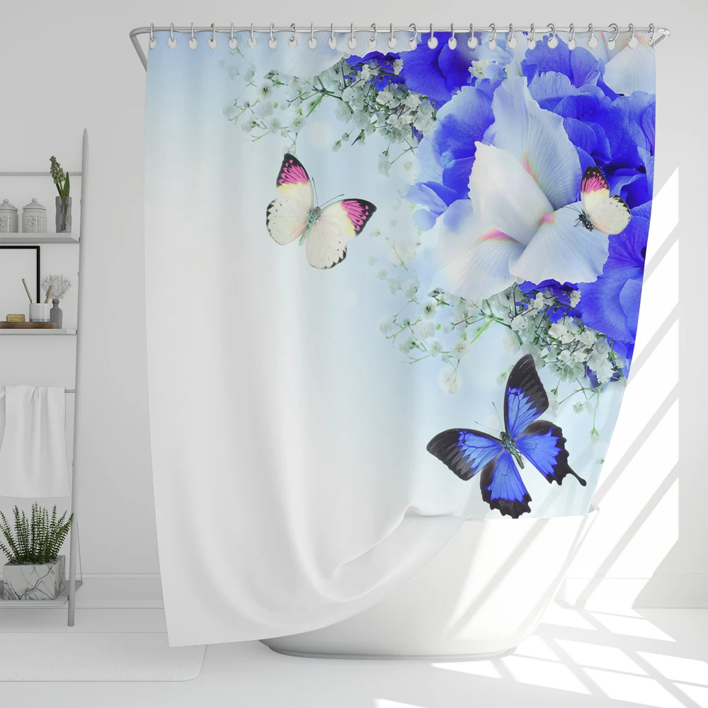 

1Pcs Fresh Flowers style Waterproof Shower Curtain, Blue Butterfly of Flower Bathroom Decoration Curtain, with plastic hooks