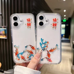 Cute Carp Slider Floating Case for iPhone 16 15 17 Pro Max Glitter Quicksand Clear Hard Back Cover Silicone Shell Liquid Coque