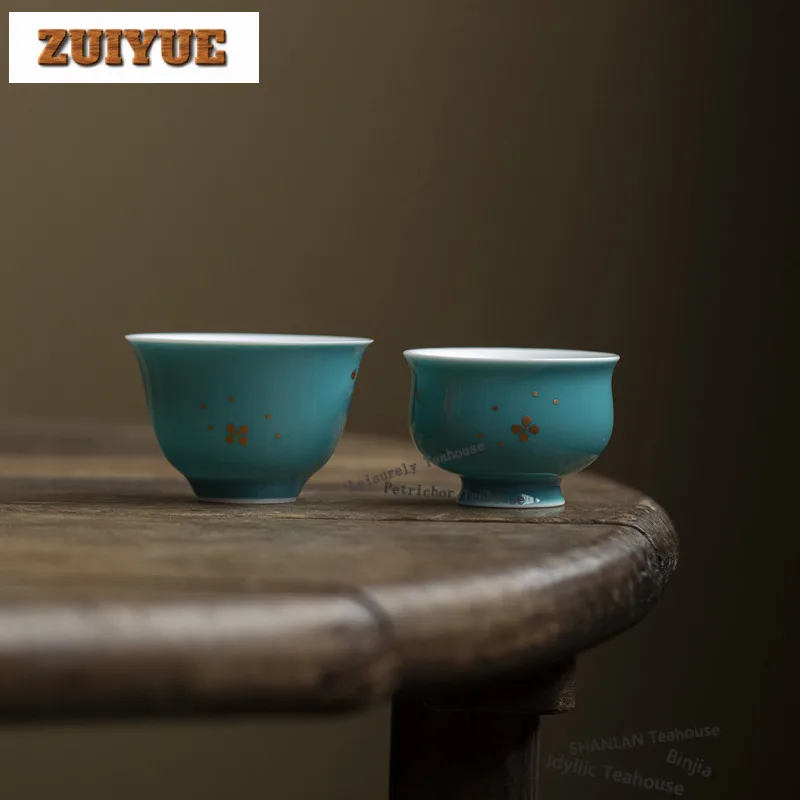 2pc/lot Turquoise Green Sprinkle Gold Teacup Creative Tea Bowl Jug Tea-tasting Meditation Cup Jianzhan Master Cups Tableware