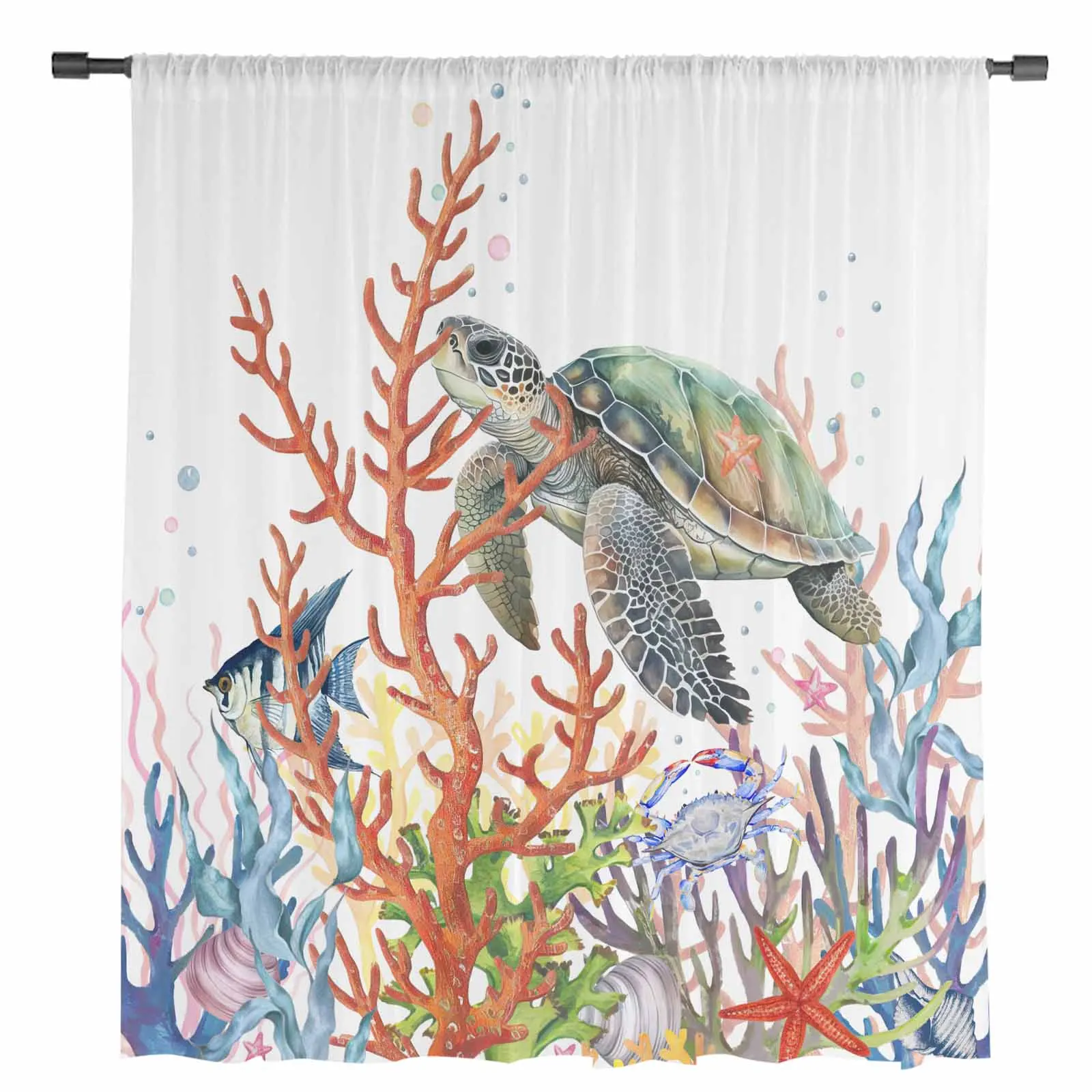 Turtle Coral Starfish Tulle Curtains for Living Room Bedroom Modern Chiffon Sheer Voile Kitchen Window Curtain