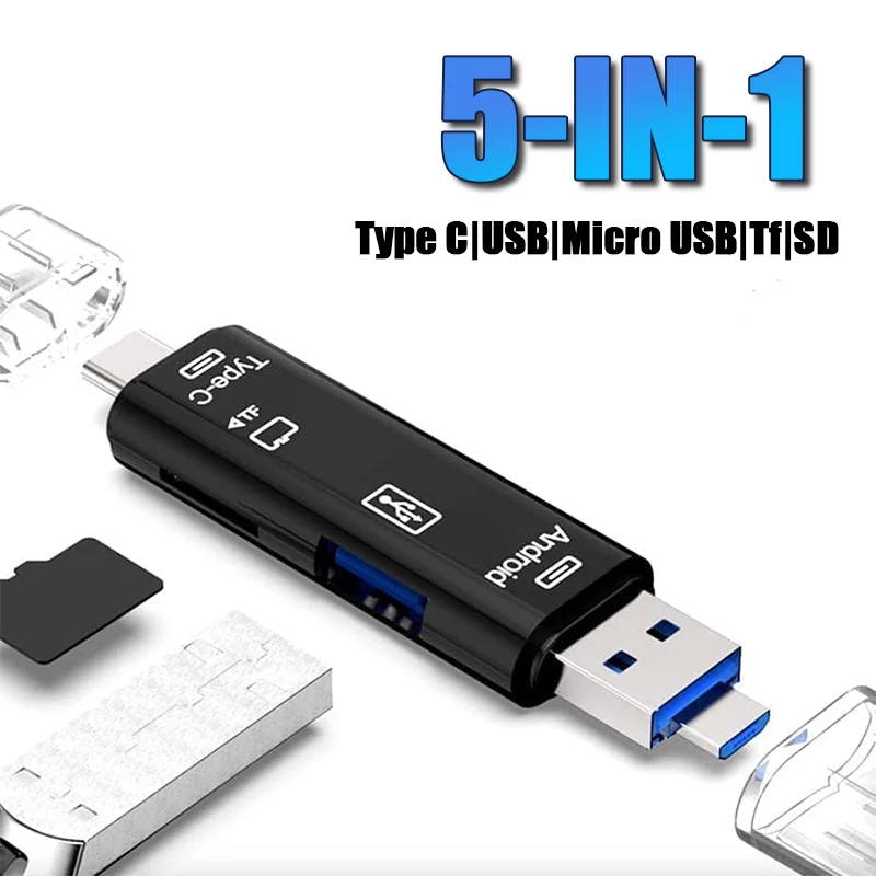 

5-in-1 USB 3.0 OTG Card Reader Multi-Function Adapter for SD TF Type-C Micro-USB USB Compatible with Android, iPhone, Computer