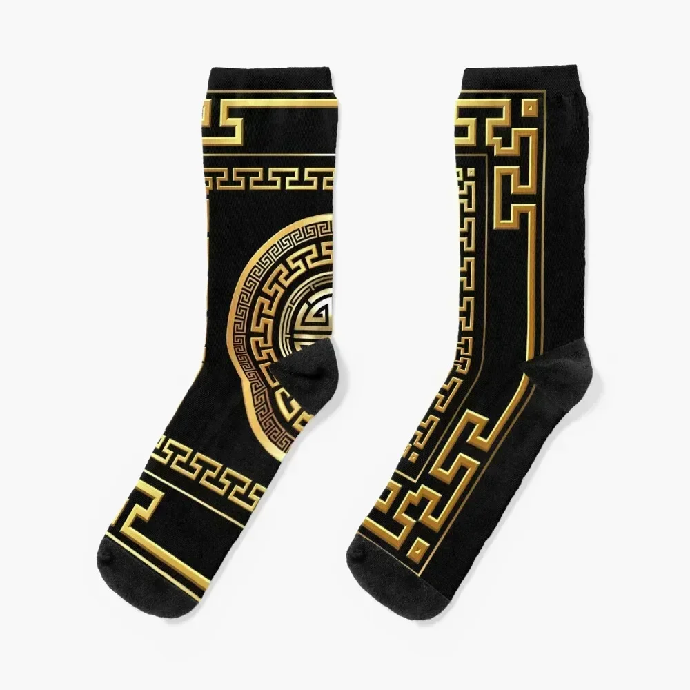 Greek Key Meander Black Gold Large Socks snow custom anti-slip Luxury Woman Socks Men's