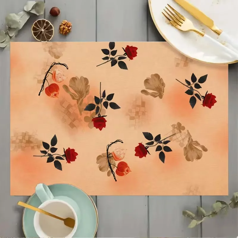 Red Rose Placemat Diffused Vintage Floral Pattern Table Pad Romantic Aesthetic Tea Party Dining Cottage Tabletop Decor