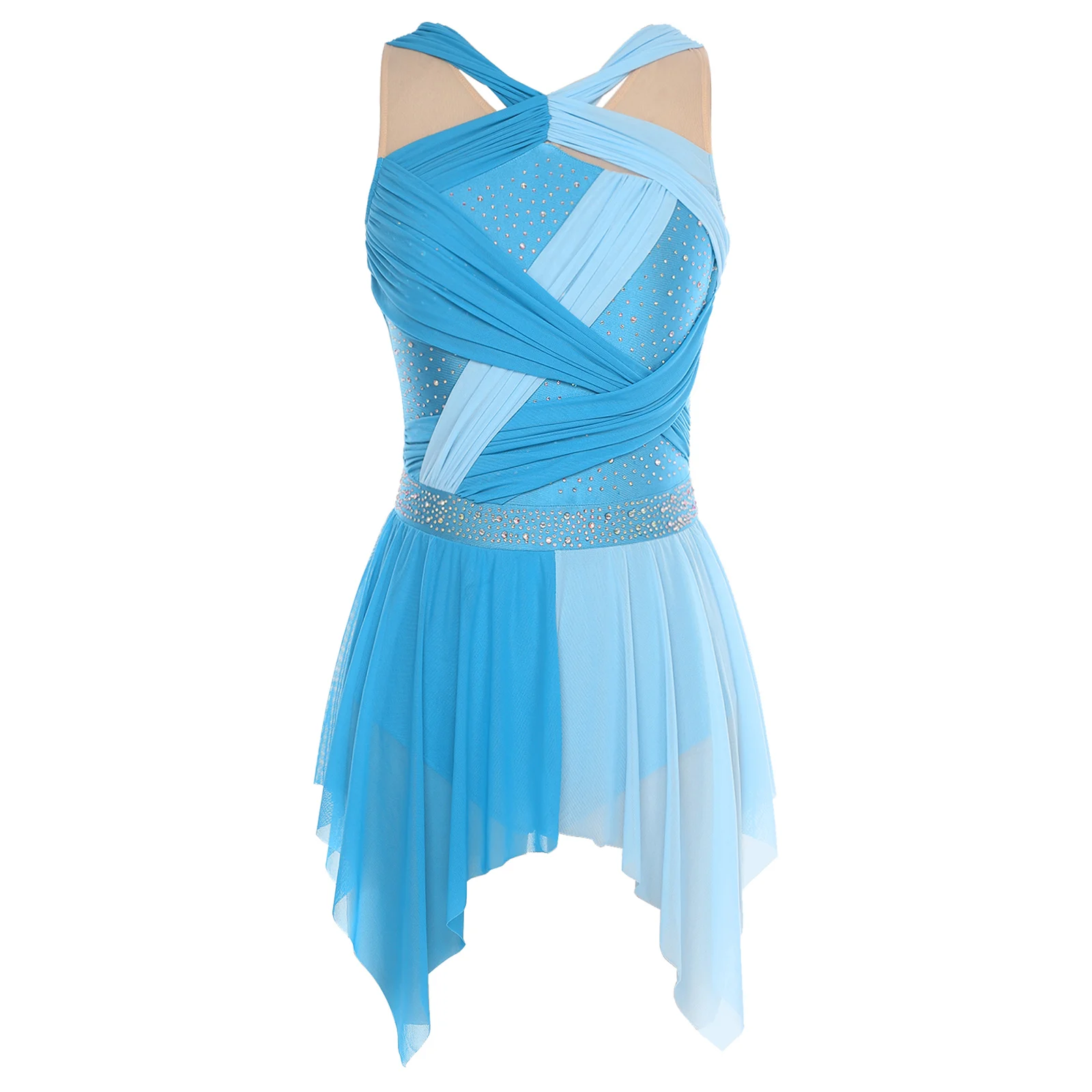

Womens Rhinestone Lyrical Dance Dress Color Block Mesh Ruched Twisted Knot Irregular Hem Sleeveless Leotard Dress Jazz Dancewear