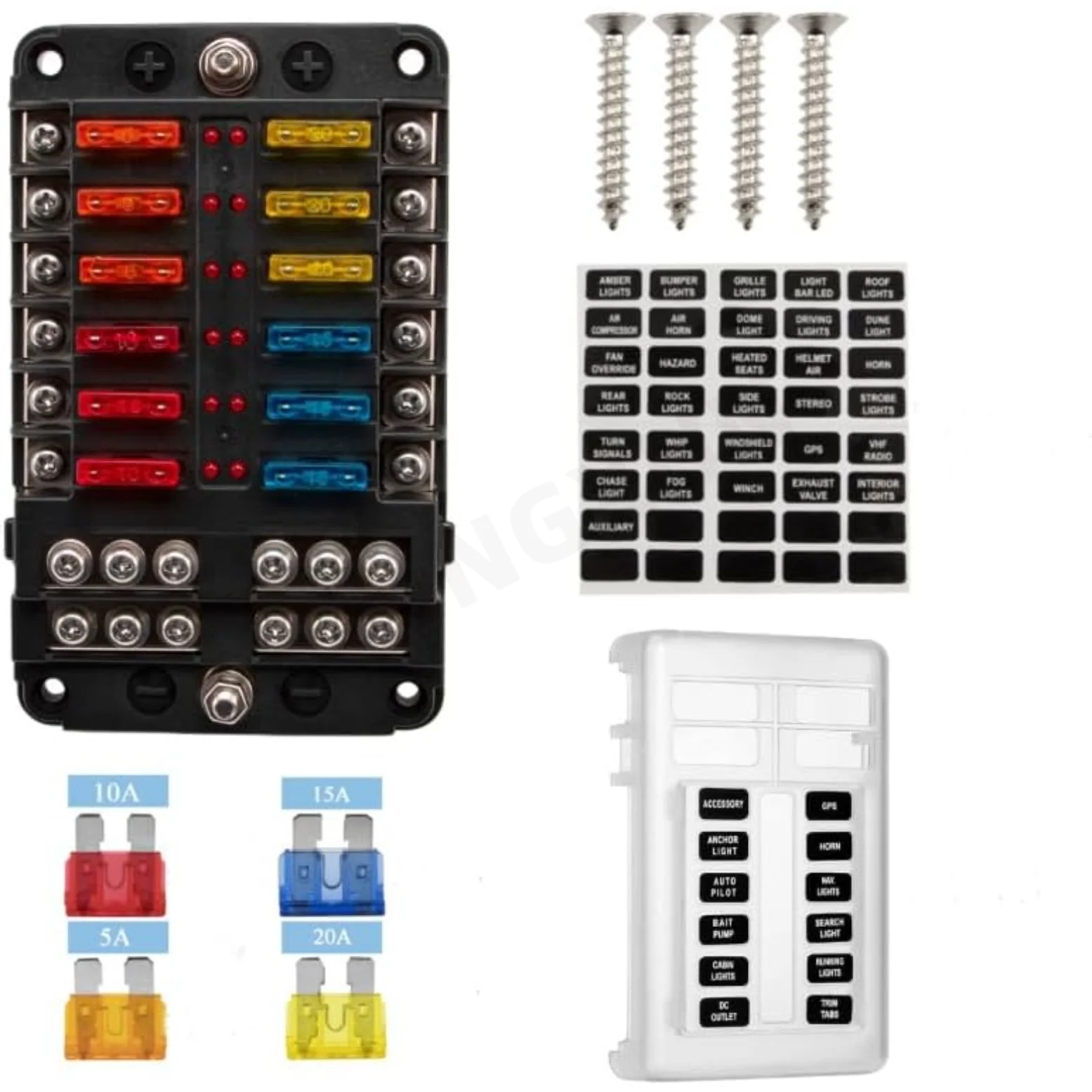 12 Way Fuse Box Holder with LED Indicator and Negative Bus Bar Waterproof Fuse Block for Boat Car Van Caravan