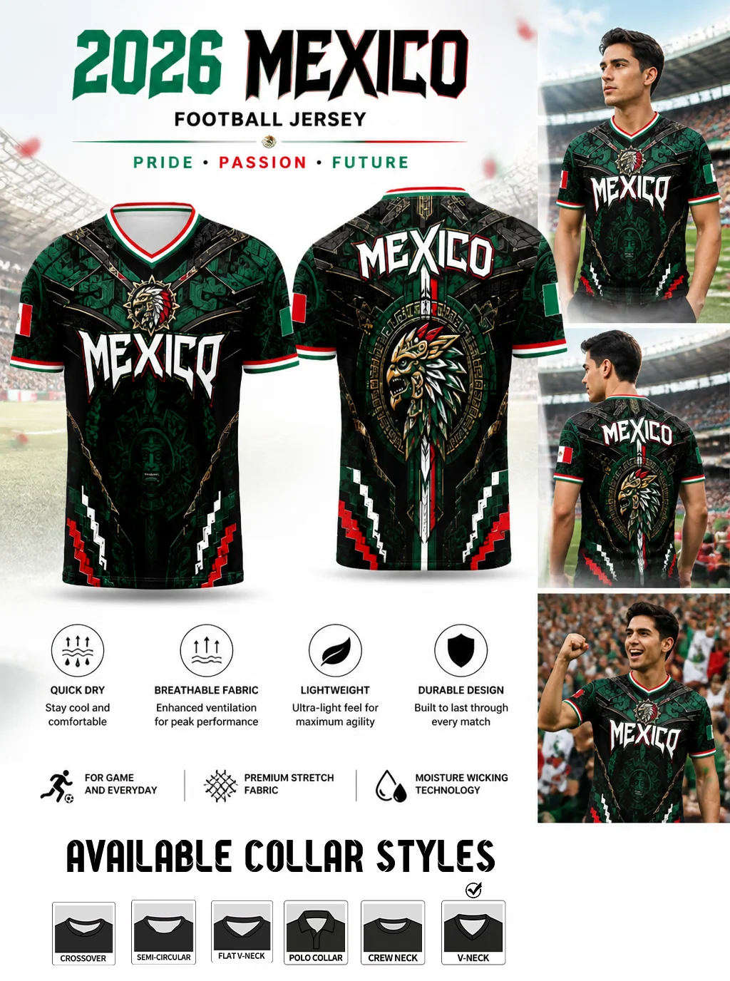 2026 Mexico V‑neck soccer jersey, Aztec totem and eagle‑head print, green‑toned vintage graphic, stretch quick‑dry fabric