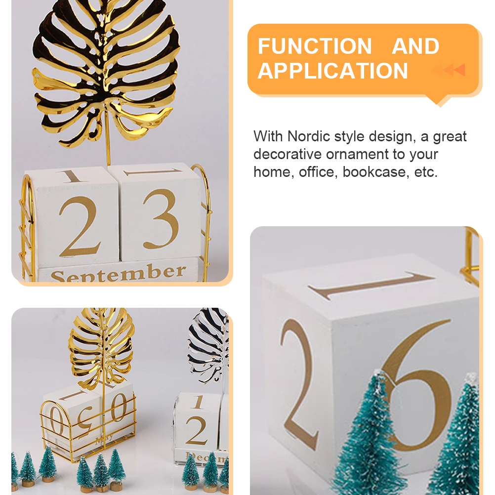 

1 set 1 Set Wooden Perpetual Blocks Desktop Office Home Decor Nordic Style Date Organizer Iron Base Desk Calendar For