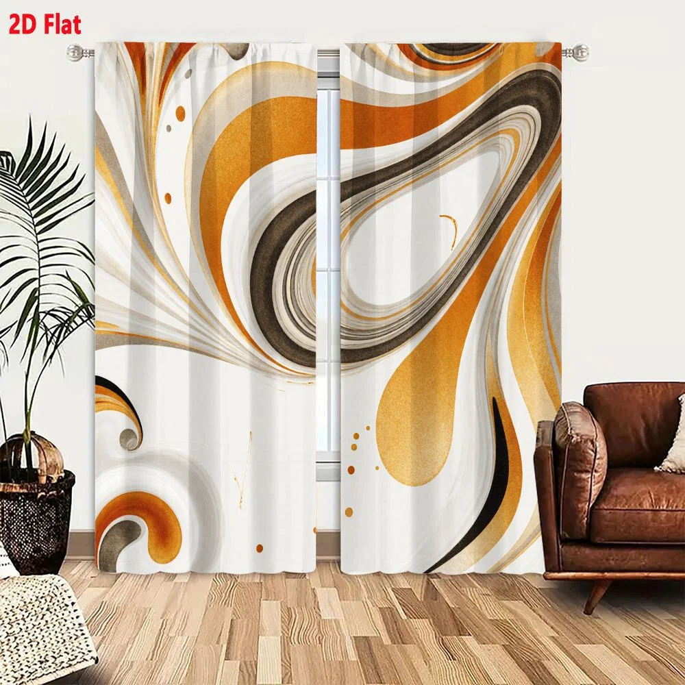 2Pcs Curtains 2D Flat Abstract Marbled Artwork With Flowing Organic Shapes In Warm Golds Oranges Grays On White Background Swirl