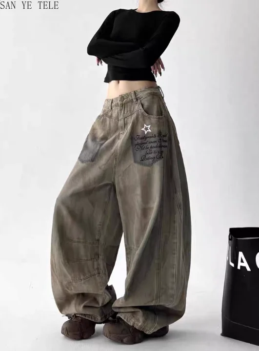 الهيب هوب سكين منحني واسعة الساق الجينز النساء الرجعية القذرة مصبوغ مطبوعة واسعة الساق فضفاضة عادية Y2K موضة الشارع عالية الخصر السراويل