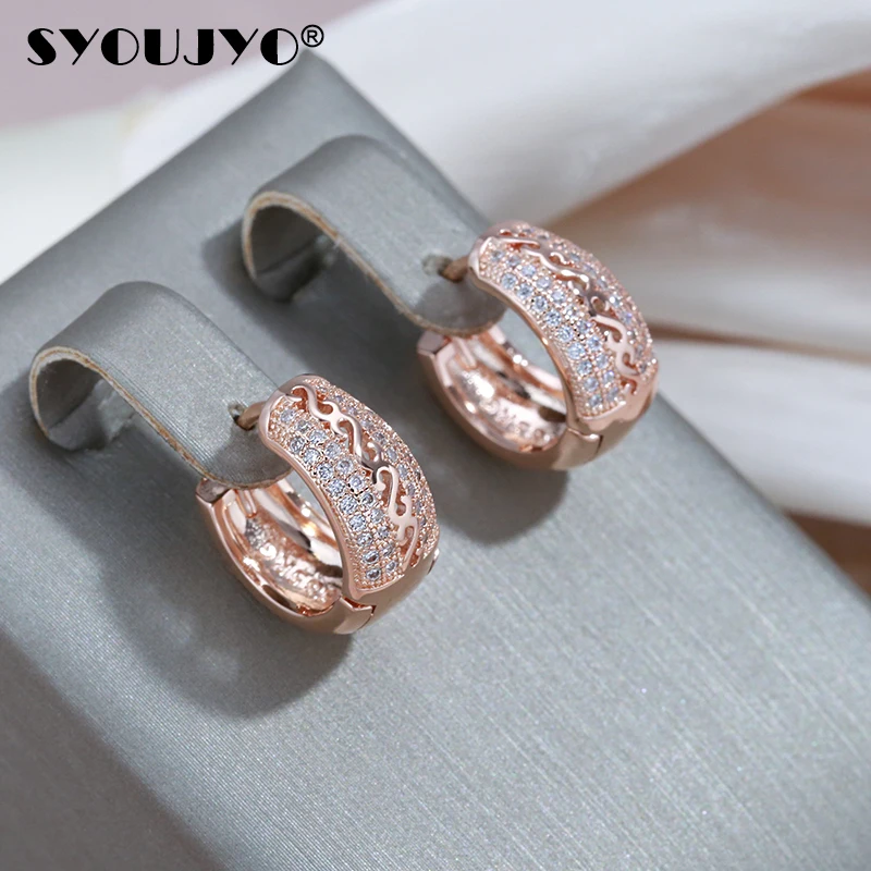 SYOUJYO Luxury 585 Rose Gold Color Hoop Dangle Earrings For Women Natural Zircon Pave Setting Vintage Bride Wedding Jewelry