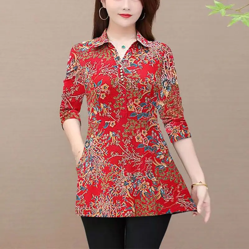 Stijlvolle Folk Gebroken Bloemen Blouse Vintage Casual Revers Lente Herfst Knoop Lange Mouw Dameskleding Pendelbedrukt Shirt