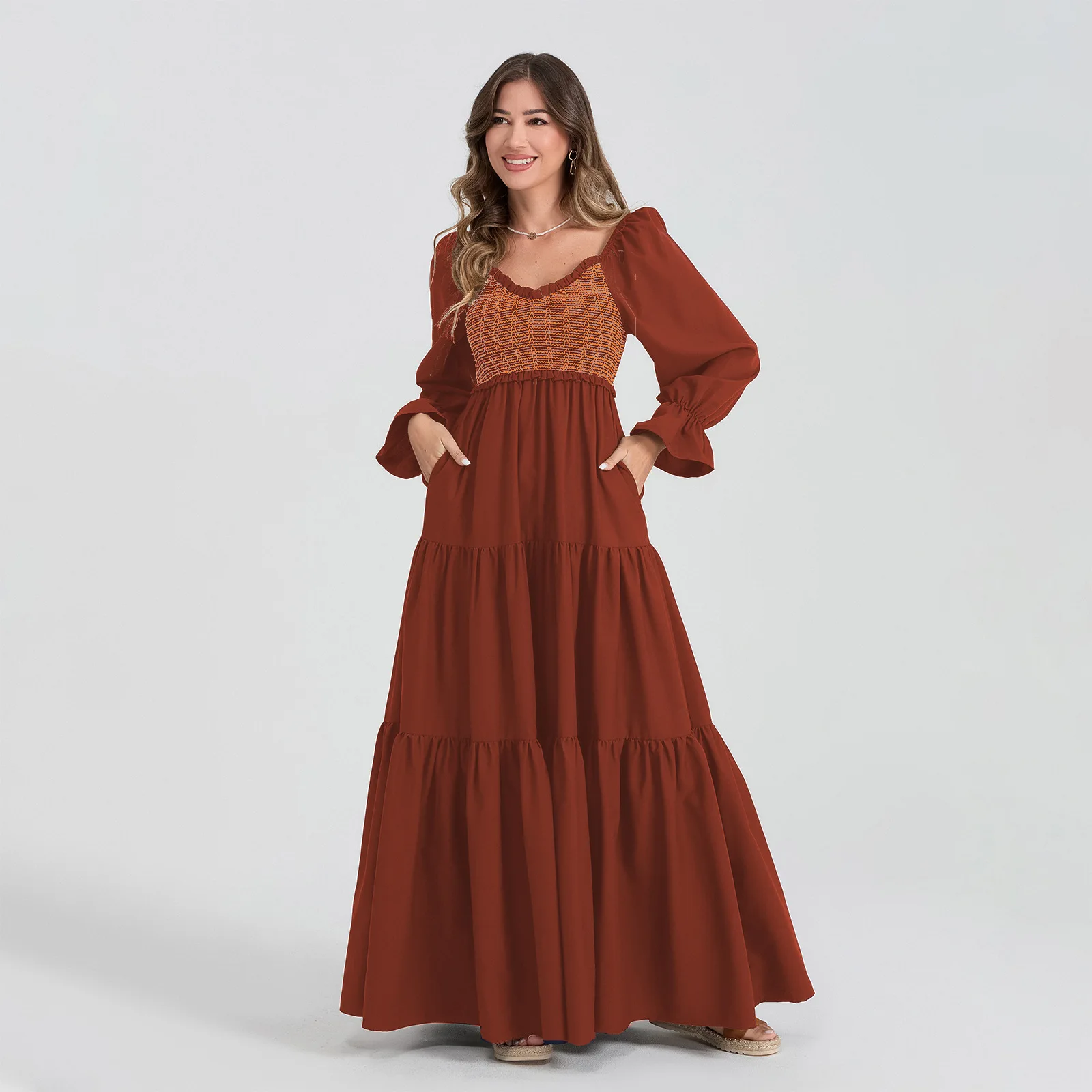 Female Clothing Women's Dress Women's Fashionable Long-sleeved Smocked Layered V-neck V-neck Dress Commuting Cake Skirt Dresses