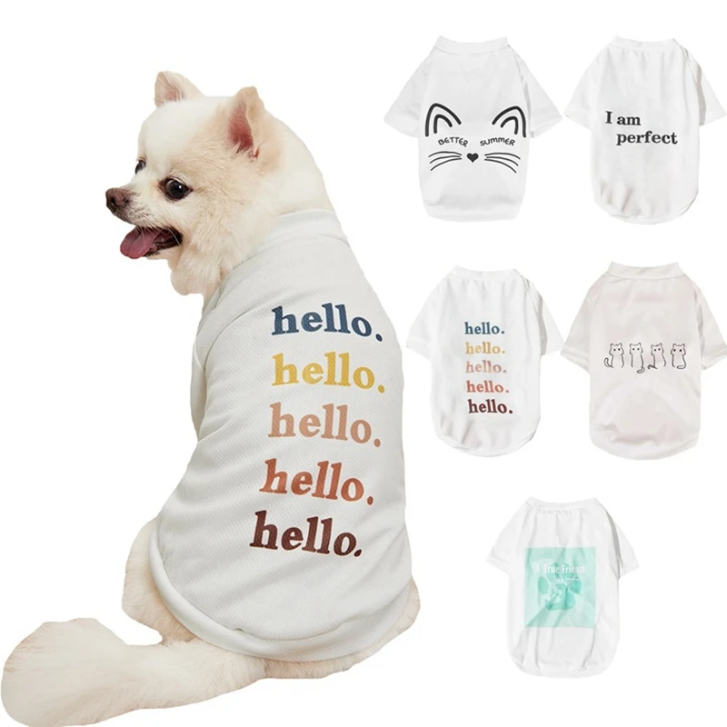 Summer Spring Thin White Mesh Round Neck Cartoon Print Breathable Sunscreen Kitten Dog Pet Shirt Sweatshirt Costume Clothes